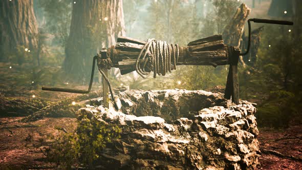 Old Stone Draw Well in the Forest with Fog