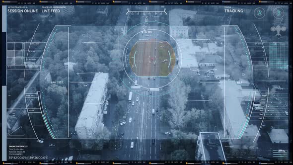 Watching Cars Driving Through the City Center with Live Drone Video Feed. UI alt