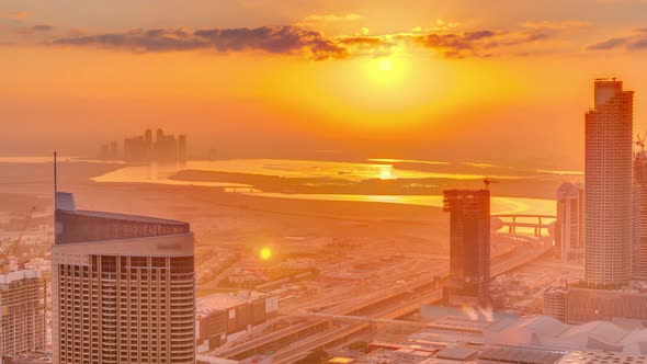 Amazing Sunrise Aerial View of Dubai Downtown Skyscrapers Morning Timelapse Dubai United Arab