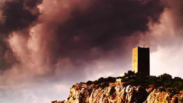 Stone Tower House On Mani, Greece. Timelapse