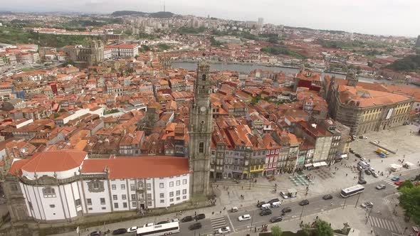 4k aerial drone footage of the iconic Clérigos Tower of coastal city of Porto in northwest Portugal