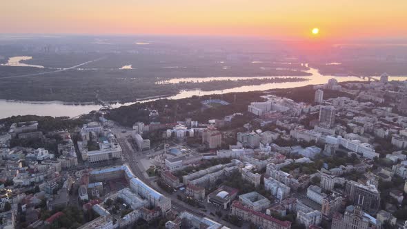 Ukraine, Kyiv : City Center in the Morning at Sunrise. Aerial View. Kiev.