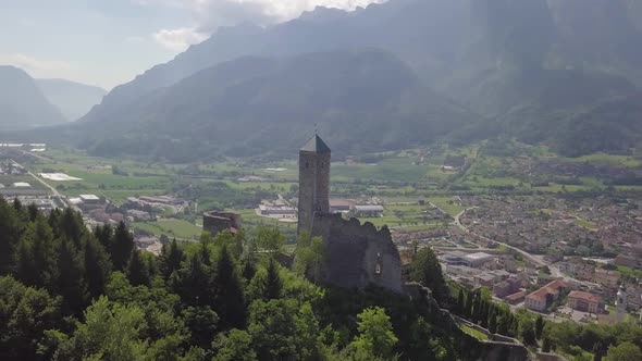 Aerial panoramic view of Borgo Valsugana in Trentino Italy with views of the city and mountains