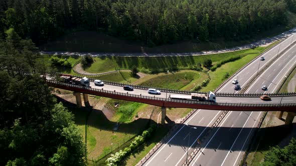 Highway Overpass With Traffic. Transportation And Traffic Flow Over Bridge.