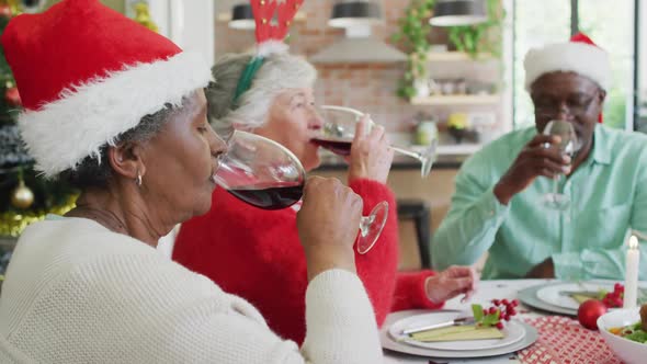 Happy group of diverse senior friends celebrating meal and drinking vine at christmas time