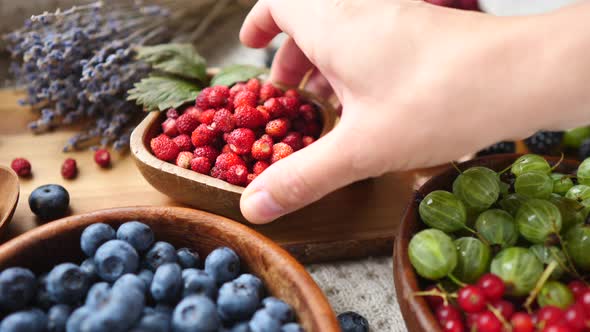 Assorted Fresh Mix Berries Close Up, Strawberry, Blueberry, Gooseberry, Currant