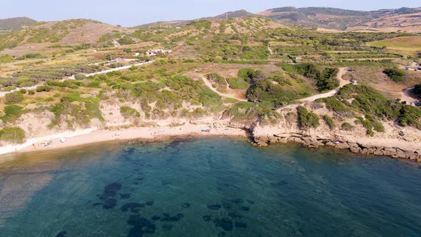 Panoramic aerial drone view of coastline in Sardinia, Italy