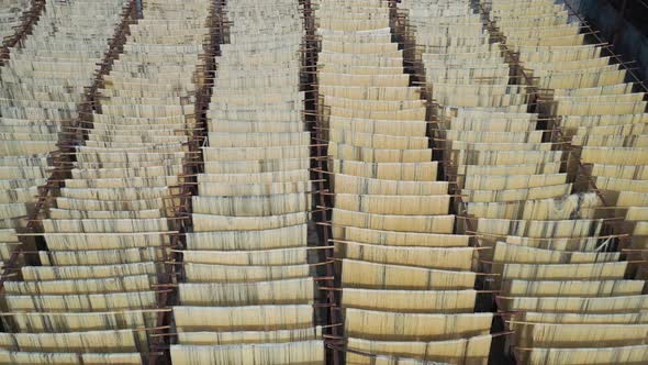 Aerial view of Drying of natural fibers for fabric, Barga, Rajshahi, Bangladesh.