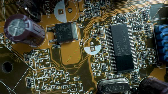 Computer Motherboard Microcircuit with Chips Slots Transistors Resistors and Processor