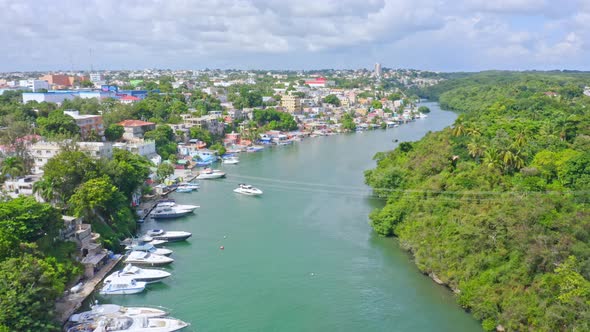 Luxury yachts anchored at La Romana marina in the Caribbean, Dulce river