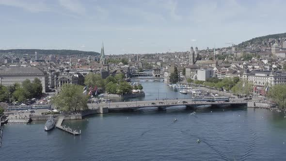 4k ungraded drone Aerial view of Zurich  city waterfront in Switzerland