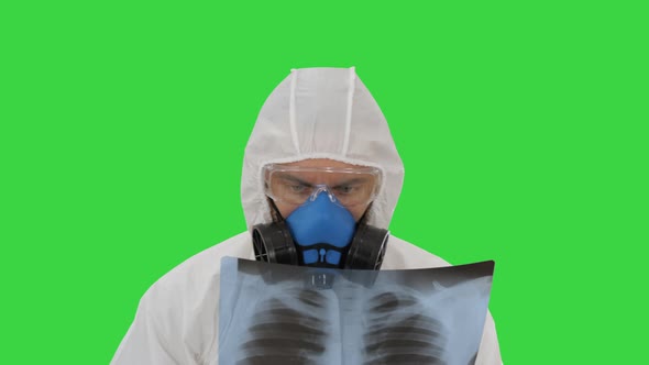 Medic in White Hazmat Protective Suit Checking Lungs X-ray Looking for Epidemic Virus on a Green