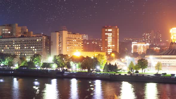 Abstract Cityscape with Modern High Rise Buildings Skyscrapers and City Lights Reflected in Mirror