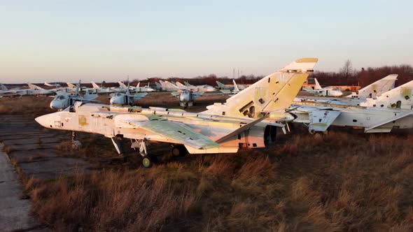 Aerial Drone View Flight Over Parking Lot of Old Dismantled Aircraft