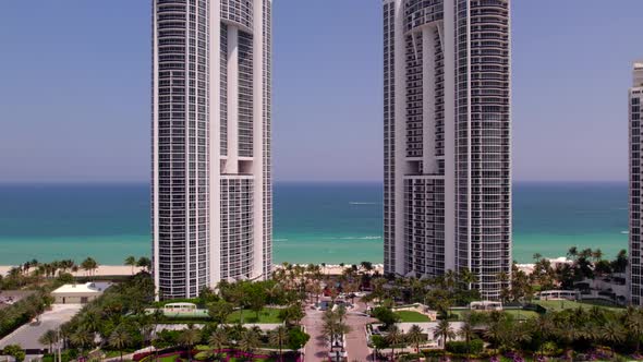 Aerial Rising Shot Trump Towers Sunny Isles On The Beach 4k 60fps