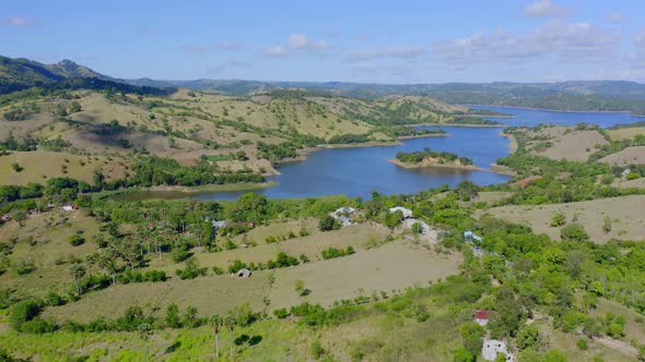 Beautiful Mountain Landscape By The Bao Dam in Dominican Republic  - aerial shot