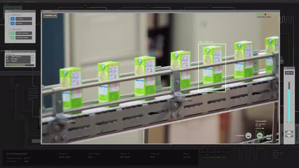 Monitoring Software interface is supervising the conveyor lines at milk factory