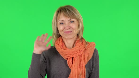 Portrait of Middle Aged Blonde Woman Is Waving Hand and Showing Gesture Come Here