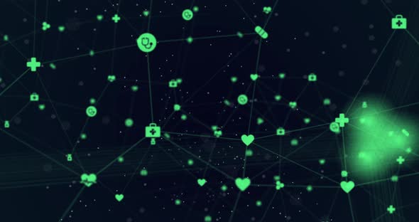 Animation of digital interface and network of connections with green icons on black background