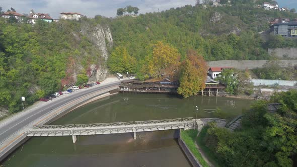 Aerial view of hills and street along the Miljacka River