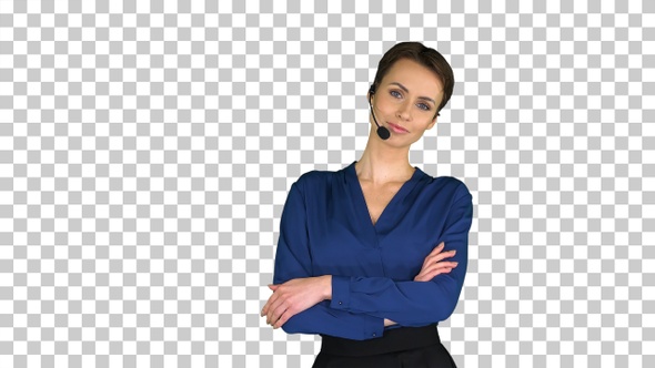 Call center woman with headset posing to camera, Alpha Channel