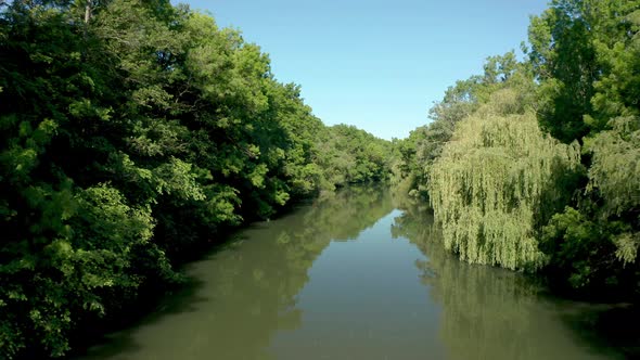 Drone flight along a river surrounded by dense green forest