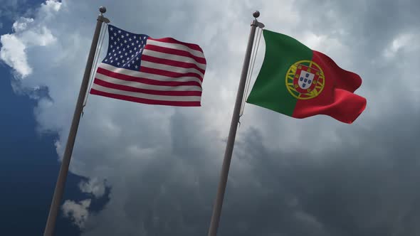 Waving Flags Of The United States And The Portugal 4K