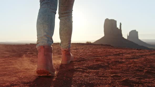 Outdoors Adventure Travel  Slow Motion Shot Following Woman in Traveler Boots