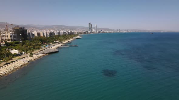 Embankment of Limassol in Cyprus. Modern architecture and old town. Skyscrapers.