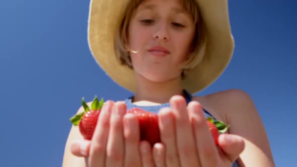 Girl holding strawberries in the farm 4k