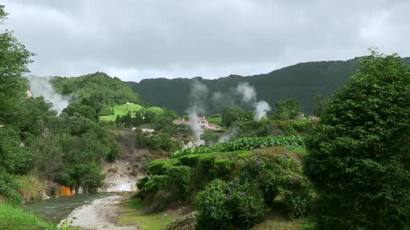 active geothermal complex of Furnas, in Sao Miguel Island, Azores,Portugal. vapor from volcanic fuma