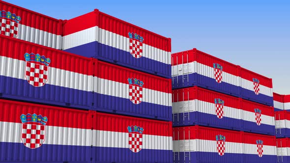 Container Yard Full of Containers with Flag of Croatia