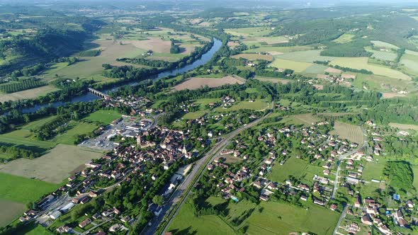 Village of Siorac-en-Perigord in France seen from the sky