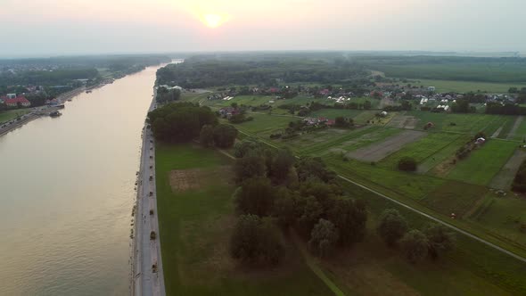 Aerial view of the Drava river and rural area in Osijek, Croatia.