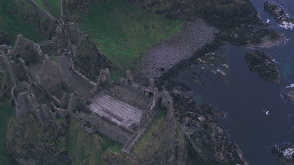 Dunluce Castle on the Antrim Coast, Northern Ireland. Aerial drone view