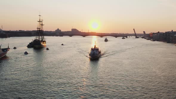 Aerial Landscape with Warships in the Neva River Before the Holiday of the Russian Navy at Early