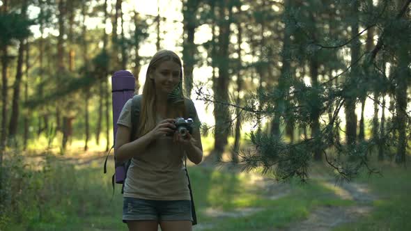 Solo Camper Enjoying Wildlife and Taking Photo of Fir Tree Leaves, Nature Unity
