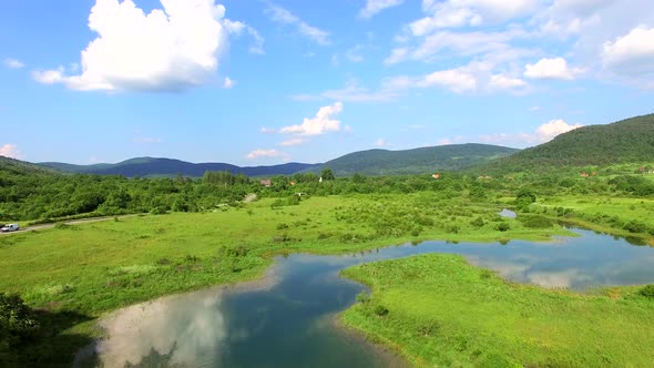 Aerial view of Jesenica river and surrounding in Croatian region Lika.