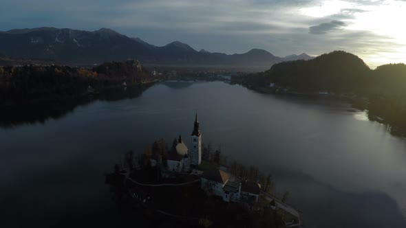 Aerial view of the island on Bled lake