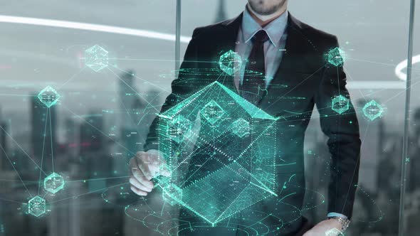 Businessman with Disruptive Information Hologram Concept