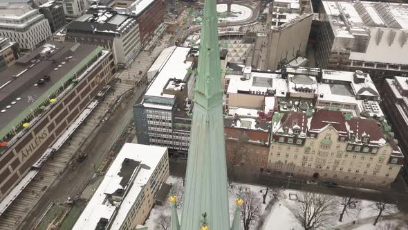 Extreme close-up footage showing every detail of architectural works of Saint Klara church and tower