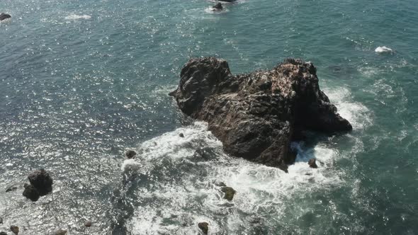 Birds sitting on Arched Rock on the ocean with waves crashing near the Beach Bodega Bay Highway 1 in