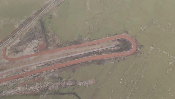 Moving along railroad tracks. Aerial view of Railroad emergency stop track in Trialeti, Georgia