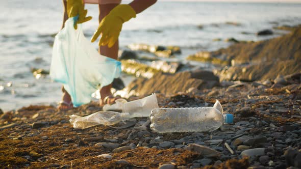 Hand Woman in Yellow Gloves Picking Up Empty Plastic Bottles Cleaning on the Beach