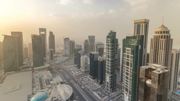 Skyscrapers Before Sunset Timelapse in the Skyline of Commercial Center of Doha