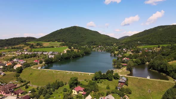 Aerial view of a lake in the village of Bansky Studenec in Slovakia