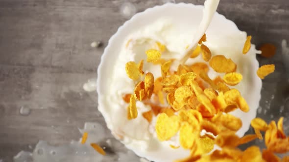 Yellow Cornflakes and Milk are Pouring and Mixing in Slowmo Into a White Plate