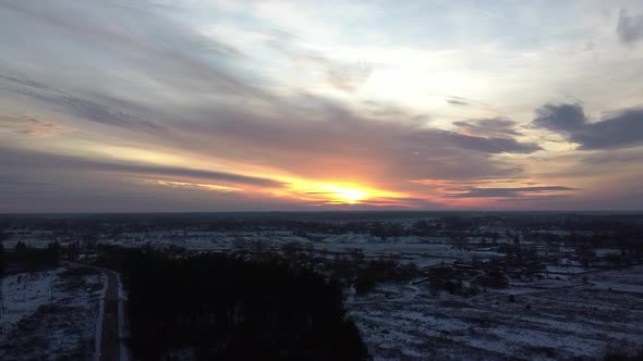 Sunset Winter Snow Forest Aero