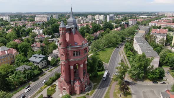 Aerial view of a historic water tower in Wroclaw, Poland