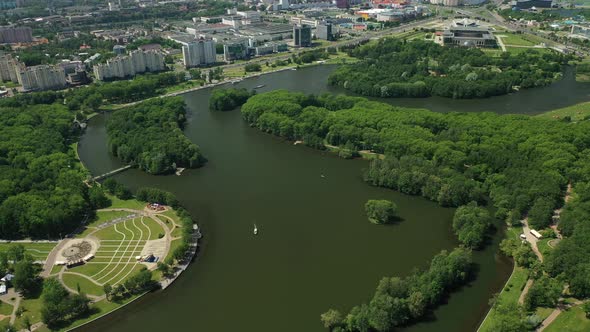 Top View of the Victory Park in Minsk and the Svisloch River